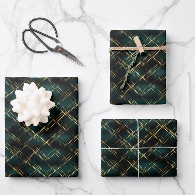 Elegant Gold & Dark Green Tartan Plaid Christmas  Wrapping Paper Sheets (Front)