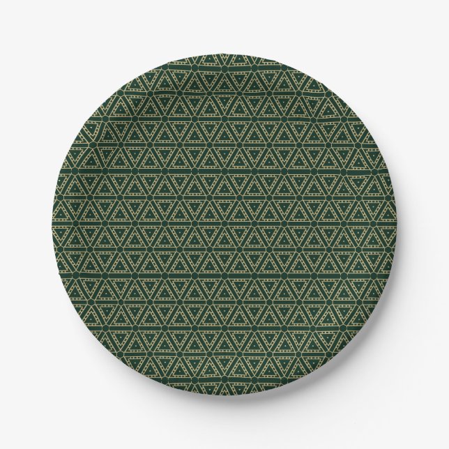 Elegant gold dark pine green geometric pattern paper plates (Front)