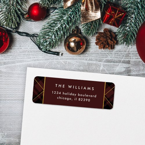 Elegant Gold  Dark Red Tartan Return Address Label