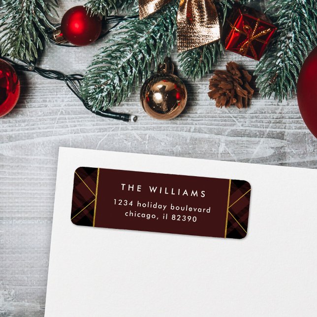 Elegant Gold & Dark Red Tartan Return Address Label (Creator Uploaded)