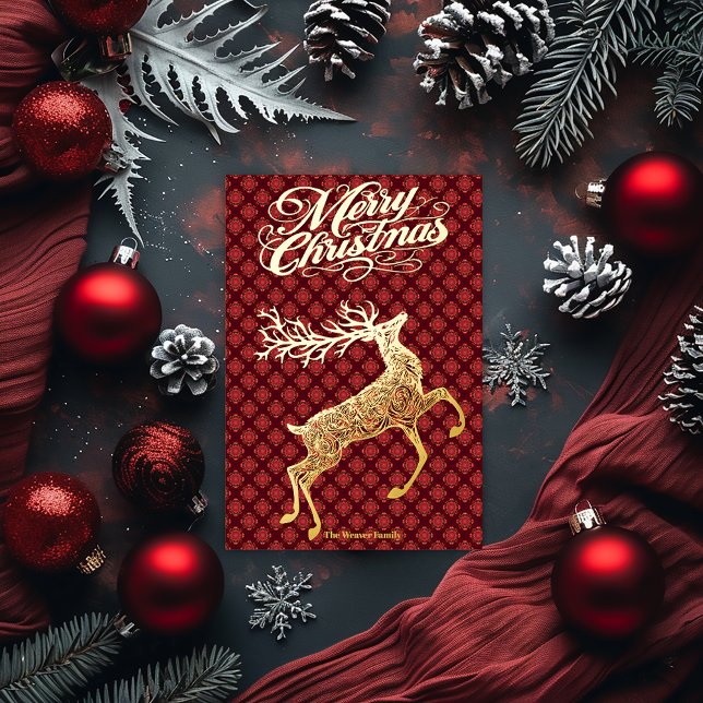 Elegant Gold Dashing Reindeer Merry Christmas  Foil Holiday Card (Elegant Festive Gold Foil Burgundy Bedazzled Christmas Card )