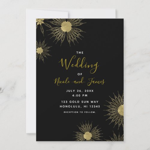 Elegant Gold Deco Mandala Floral Black Wedding Invitation