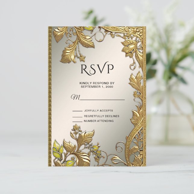 Elegant Gold Decorative Floral RSVP Card (Standing Front)