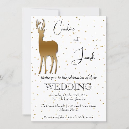Elegant Gold Deer  Gold Confetti Wedding Invitation