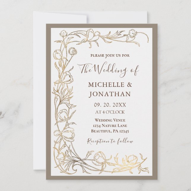 Elegant Gold Delicate Flowers Christian Wedding Invitation (Front)