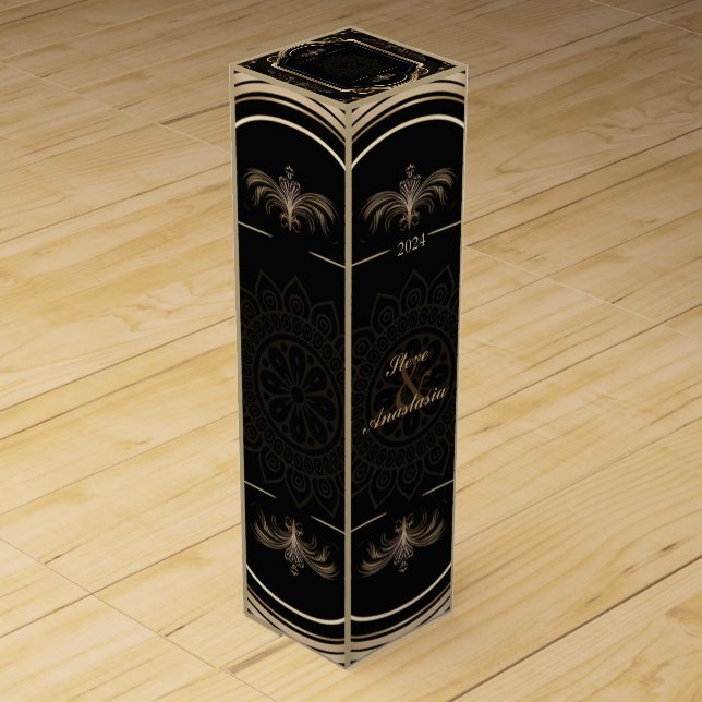 Elegant Gold Demask Wreath Monogram Wine Label Box (Front)