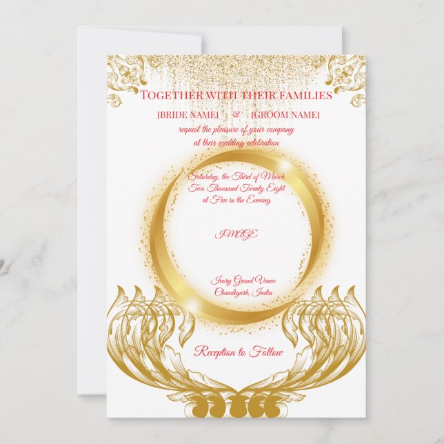 Elegant Gold Design Wedding Invitation on White (Front)