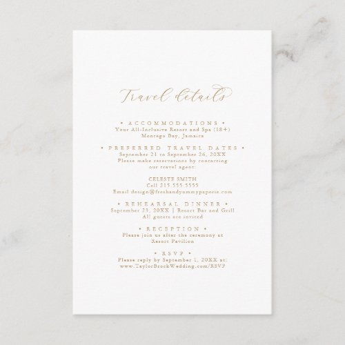 Elegant Gold Destination Wedding Travel Details Enclosure Card