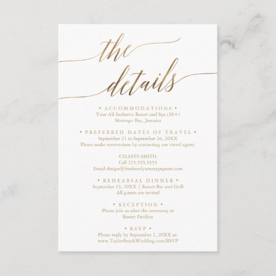 Elegant Gold Destination Wedding Travel Details Enclosure Card