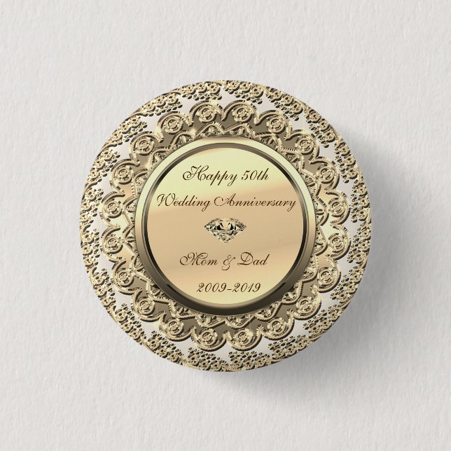 Elegant Gold Diamond 50th Wedding Anniversary Button (Front)