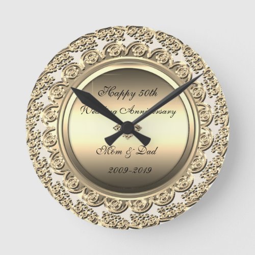 Elegant Gold  Diamond 50th Wedding Anniversary Round Clock