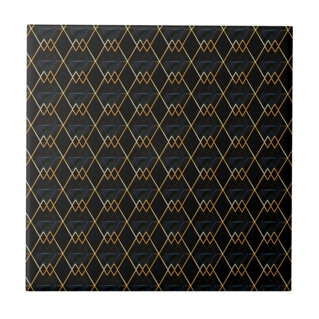 Elegant Gold Diamond and Dark Blue Pattern Ceramic Tile (Front)