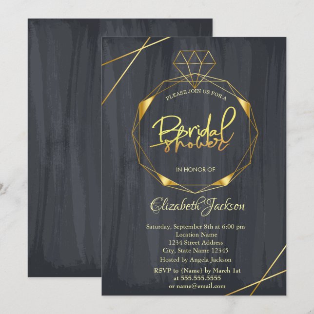 Elegant Gold Diamond Black Bridal Shower Invitation (Front/Back)