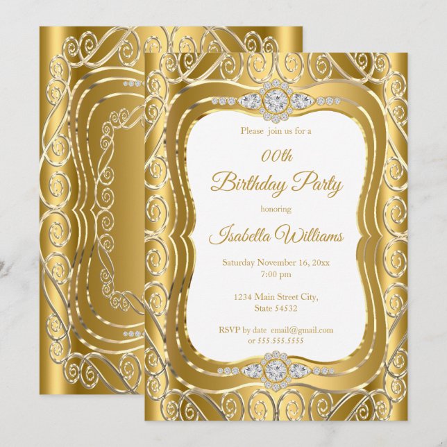 Elegant Gold Diamond Gem swirl Birthday Party Invitation (Front/Back)