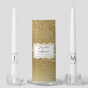 Elegant Gold Diamond Jewel Names Initials Wedding Unity Candle Set