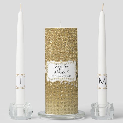 Elegant Gold Diamond Jewel Names Initials Wedding Unity Candle Set