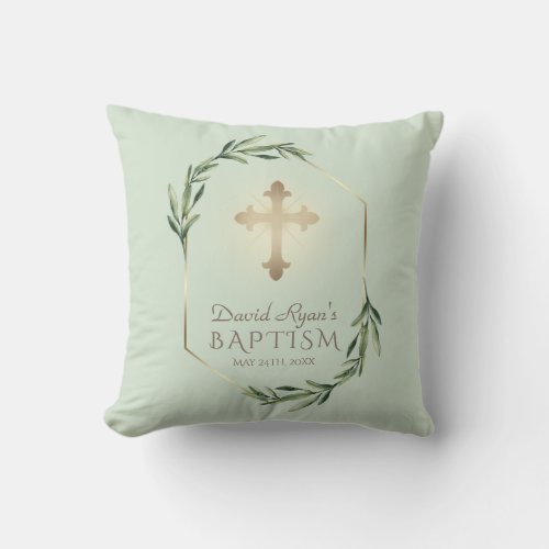 Elegant Gold Diamond Olive Leaves Baptism Monogram Throw Pillow