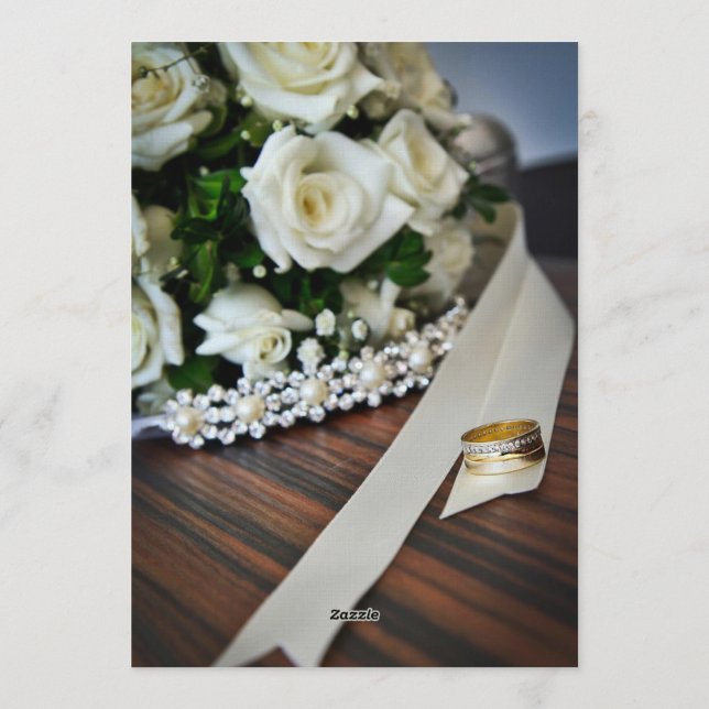 Elegant Gold Diamond Ring Pearl Bouquet Wedding In Invitation (Back)