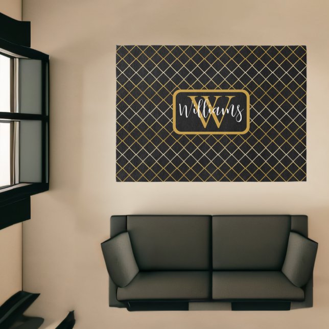 Elegant Gold Diamond-Shaped Grid Monogram | Name Rug (Insitu (Indoor 1))