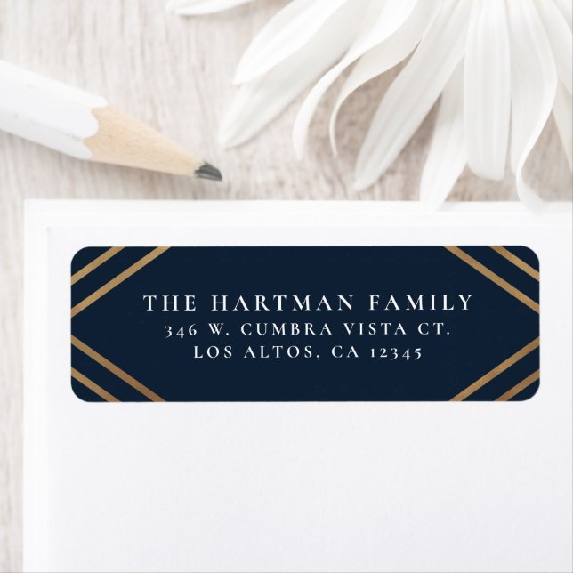 Elegant Gold Diamond Stripes | Navy Blue Return Label (Insitu)