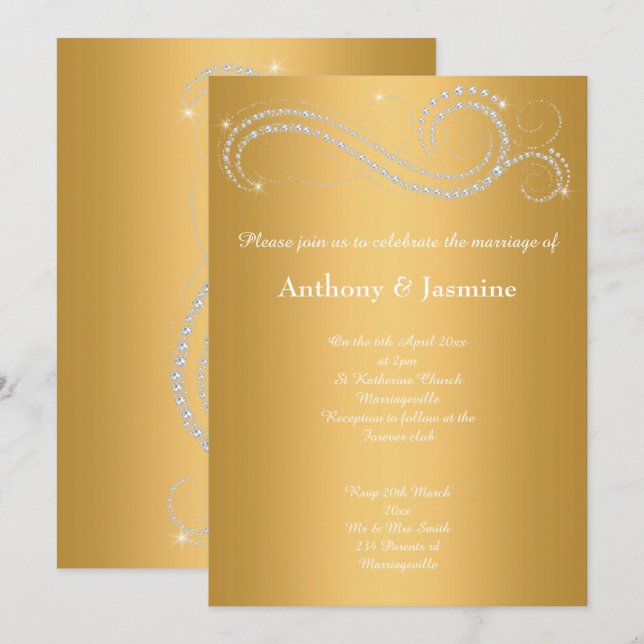 ELEGANT GOLD DIAMOND SWIRL WEDDING INVITATION (Front/Back)