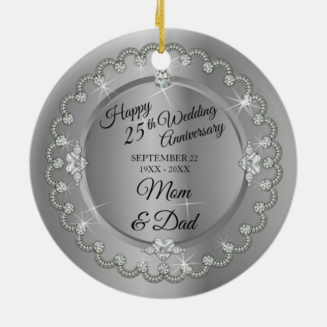 Elegant Gold Diamonds 25th Wedding Anniversary Ceramic Ornament (Back)