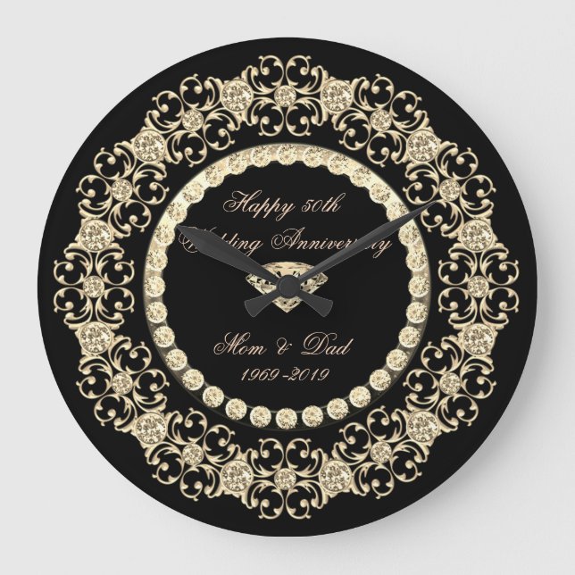 Elegant Gold Diamonds  25th Wedding Anniversary Large Clock (Front)