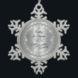Elegant Gold Diamonds 25th Wedding Anniversary Snowflake Pewter Christmas Ornament<br><div class="desc">Opulent elegance frames this 25th wedding anniversary design in a unique scalloped diamond design with center teardrop diamond with faux heart-shaped diamonds and added faux sparkles on a silver-tone gradient. Please note that all embellishments are printed and are only made to appear as real as possible in a flat, printed...</div>