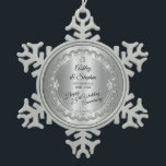 Elegant Gold Diamonds 25th Wedding Anniversary Snowflake Pewter Christmas Ornament<br><div class="desc">Opulent elegance frames this 25th wedding anniversary design in a unique scalloped diamond design with center teardrop diamond with faux heart-shaped diamonds and added faux sparkles on a silver-tone gradient. Please note that all embellishments are printed and are only made to appear as real as possible in a flat, printed...</div>