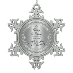Elegant Gold Diamonds 25th Wedding Anniversary Snowflake Pewter Christmas Ornament