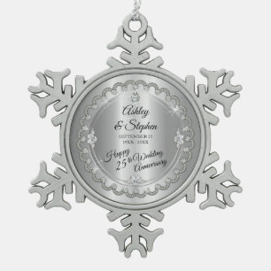 Elegant Gold Diamonds 25th Wedding Anniversary Snowflake Pewter Christmas Ornament