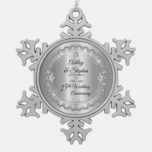 Elegant Gold Diamonds 25th Wedding Anniversary Snowflake Pewter Christmas Ornament