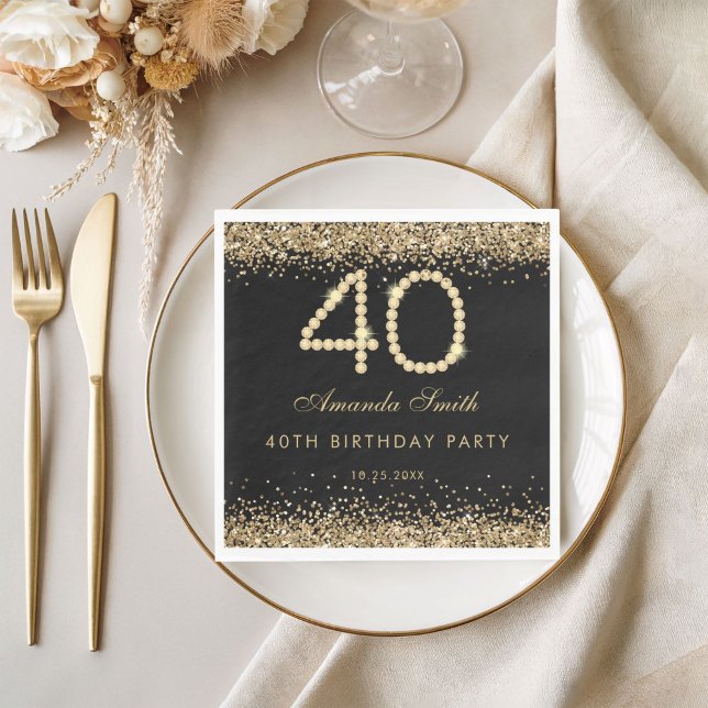 Elegant Gold Diamonds 40th Birthday Party  Napkins (Gold 40th birthday party napkin)