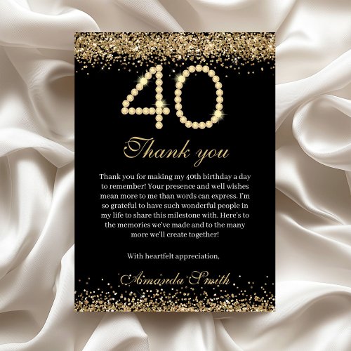 Elegant Gold Diamonds 40th Birthday Thank you Card