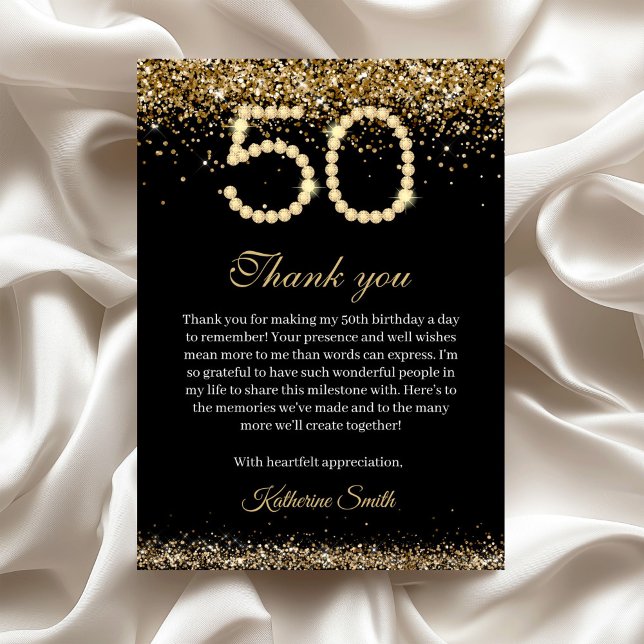 Elegant Gold Diamonds 50th Birthday Thank you Card (Gold Diamonds 50th birthday thank you Card)