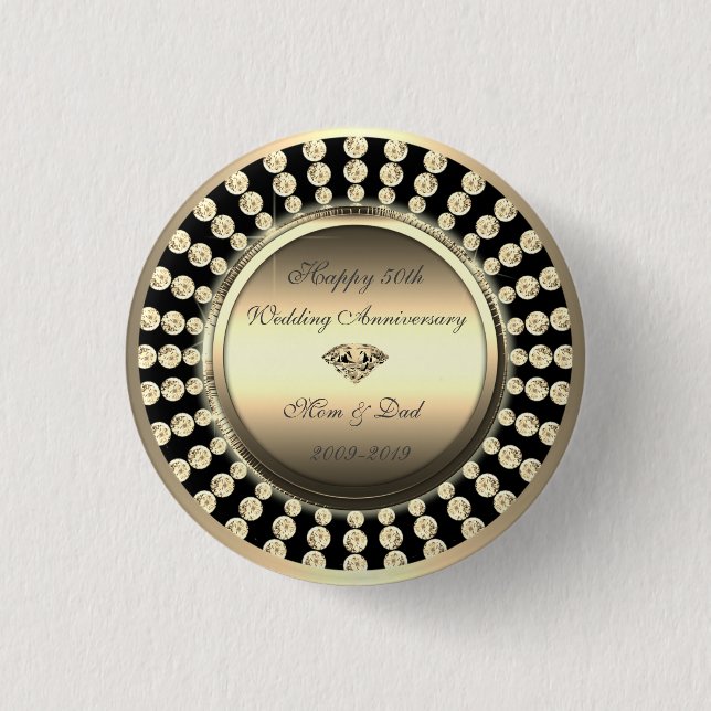 Elegant Gold Diamonds 50th Wedding Anniversary Button (Front)