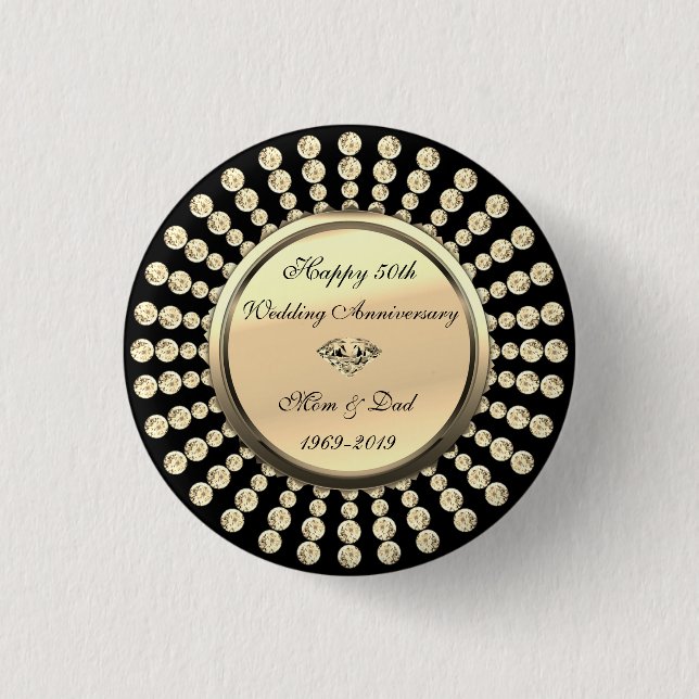 Elegant Gold  Diamonds 50th Wedding Anniversary Button (Front)