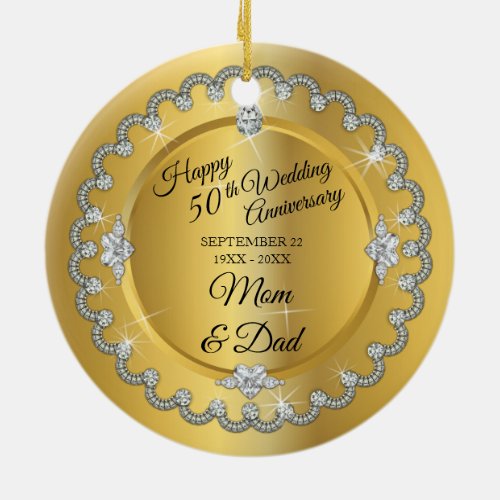 Elegant Gold Diamonds 50th Wedding Anniversary Ceramic Ornament