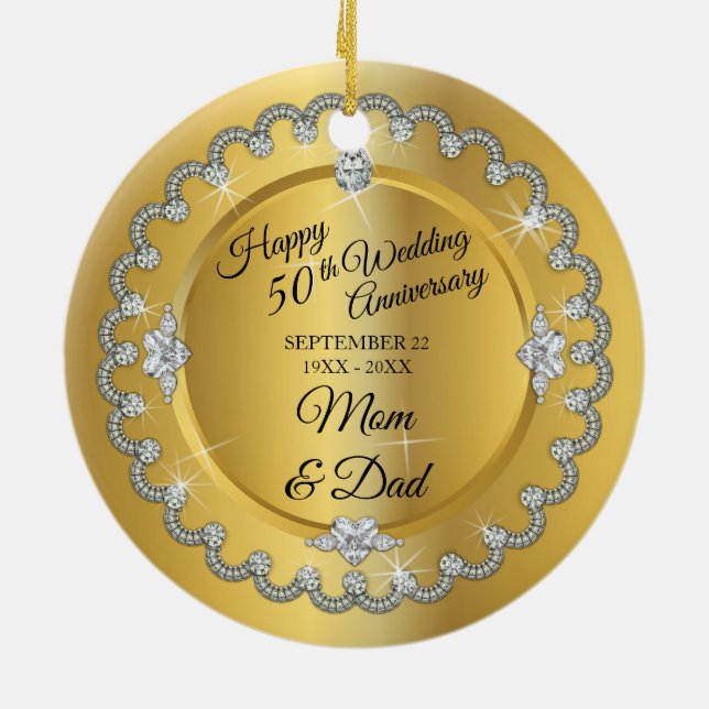 Elegant Gold Diamonds 50th Wedding Anniversary Ceramic Ornament (Back)