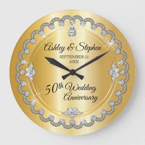 Elegant Gold Diamonds 50th Wedding Anniversary Large Clock