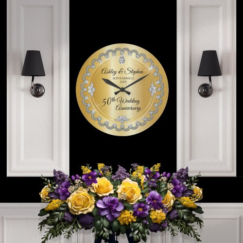 Elegant Gold Diamonds 50th Wedding Anniversary Large Clock