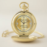 Elegant Gold Diamonds 50th Wedding Anniversary Pocket Watch<br><div class="desc">Opulent elegance frames this wedding anniversary design in a unique scalloped diamond design with center teardrop diamond with faux added sparkles on a gold-tone gradient. Please note that all embellishments are printed and are only made to appear as real as possible in a flat, printed design. This includes any metallic...</div>