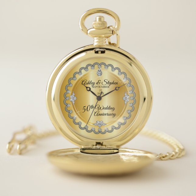 Elegant Gold Diamonds 50th Wedding Anniversary Pocket Watch (Inside)
