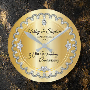 Elegant Gold Diamonds 50th Wedding Anniversary Round Clock