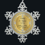 Elegant Gold Diamonds 50th Wedding Anniversary Snowflake Pewter Christmas Ornament<br><div class="desc">Opulent elegance frames this wedding anniversary design in a unique scalloped diamond design with center teardrop diamond with faux heart-shaped diamonds and added faux sparkles on a gold-tone gradient. Please note that all embellishments are printed and are only made to appear as real as possible in a flat, printed design....</div>