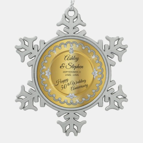 Elegant Gold Diamonds 50th Wedding Anniversary Snowflake Pewter Christmas Ornament