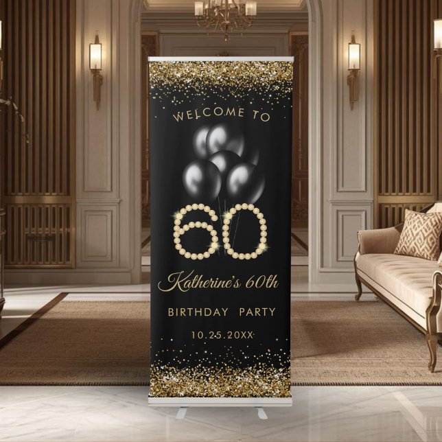 Elegant Gold Diamonds 60th Birthday Retractable Banner (Gold Diamonds 60th Birthday party banner)
