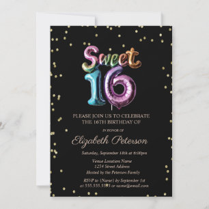 Elegant Gold Diamonds Black Balloon Sweet 16 Invitation