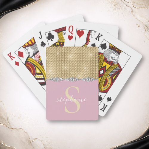 Elegant Gold Diamonds Blush Pink Custom Monogram Poker Cards