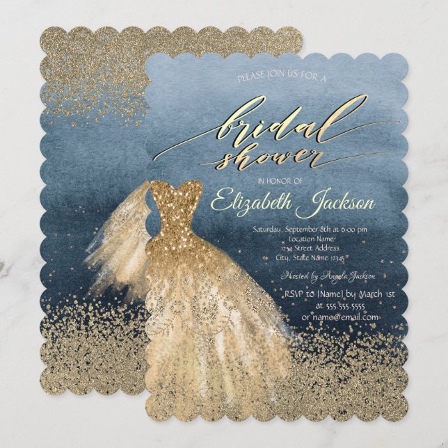 Elegant Gold Diamonds Dress Blue Bridal Shower  Invitation (Front/Back)